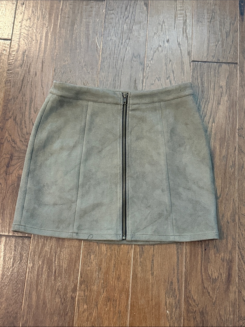 Olive Green Faux Suede Zip-Front Mini Skirt